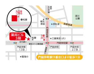 門前仲町内科クリニックの門前仲町駅からの案内図